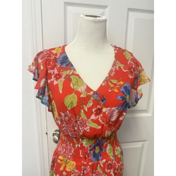 Jessica Simpson Dress Womens Medium Red Floral Ruffle Sleeve Smocked Waist Midi - Picture 2 of 12